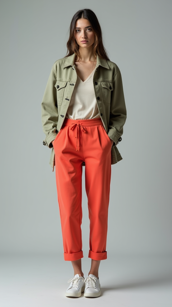 A woman dressed in a green jacket and red pants, representing a model styled from uploaded clothing items.