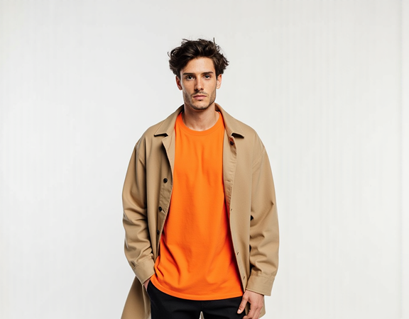 A man wearing an orange hoodie and beige jacket, showcasing a clothing model generated from uploaded designs