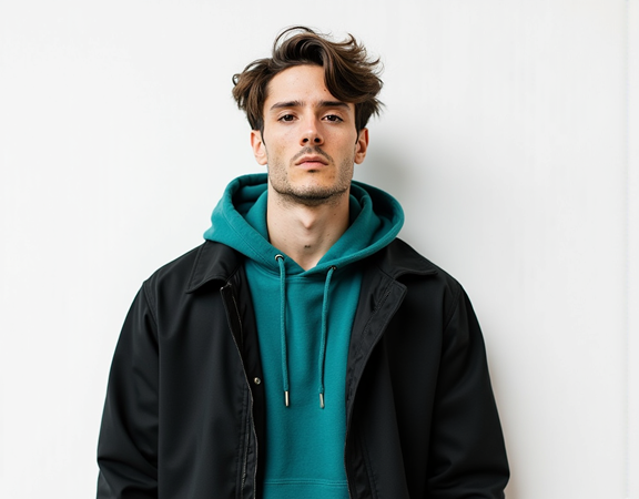 A man dressed in a green jacket and teal hoodie, demonstrating a model styled from uploaded clothing items